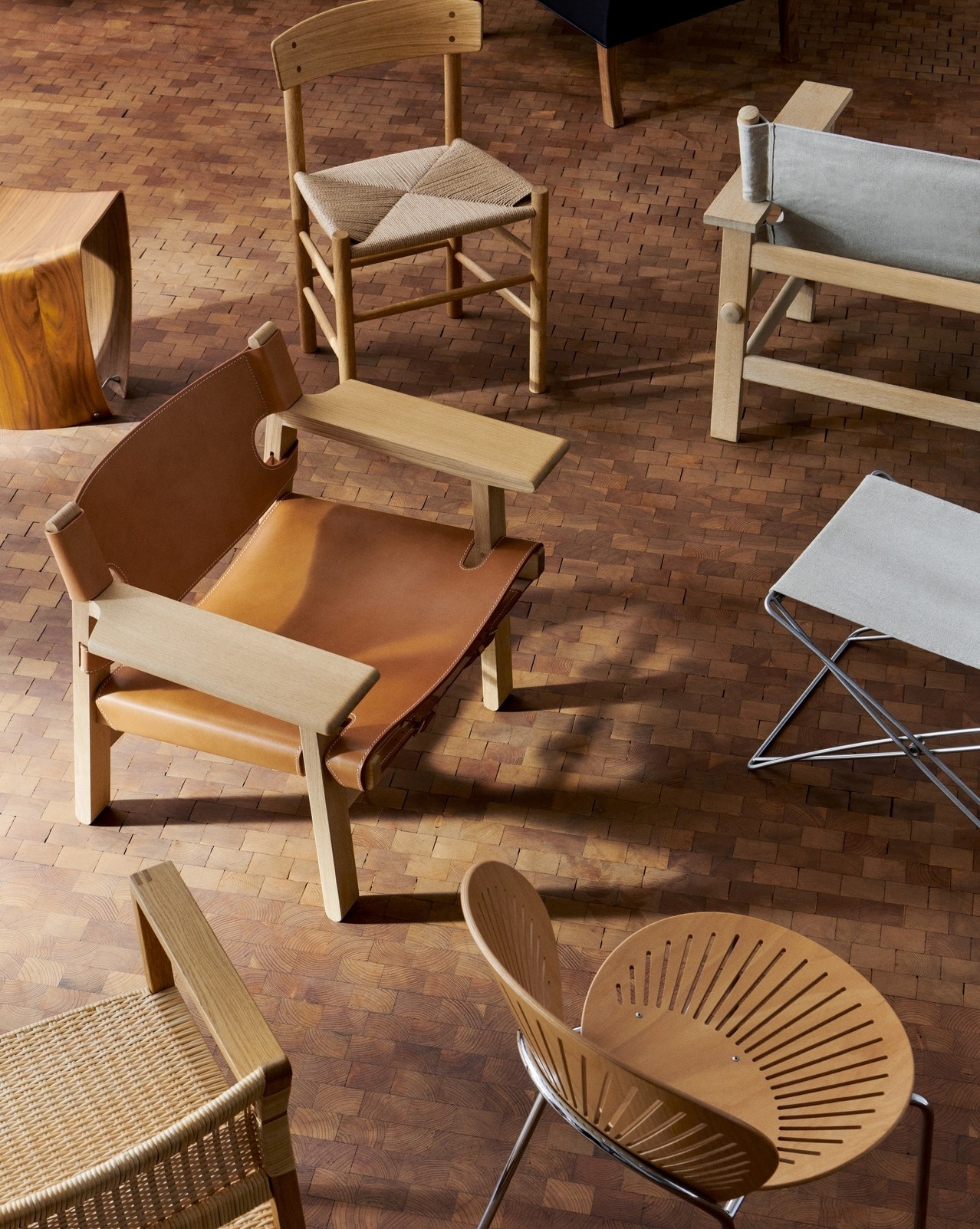 SpanishChairLightOilNatural_J39OakOil_GalleryWalnut_CanvasChairOakSoap_JGFolding_TrinidadBeechLacqueredChrome_BM62OakOil